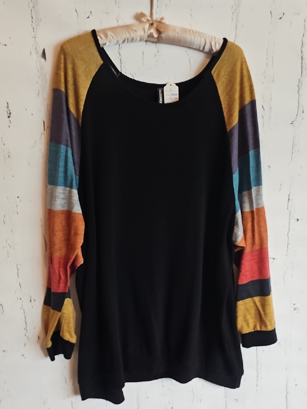 Amazon Women’s Black Sweater with Multicolor Stripe Sleeves (2)